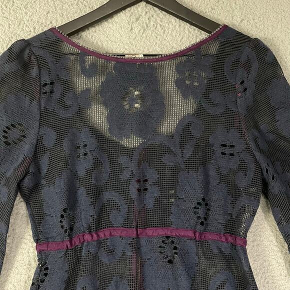 Free People Navy Lace Mini Dress Small Boho Sheer Bell Sleeve Festival Outfit - Picture 7 of 12